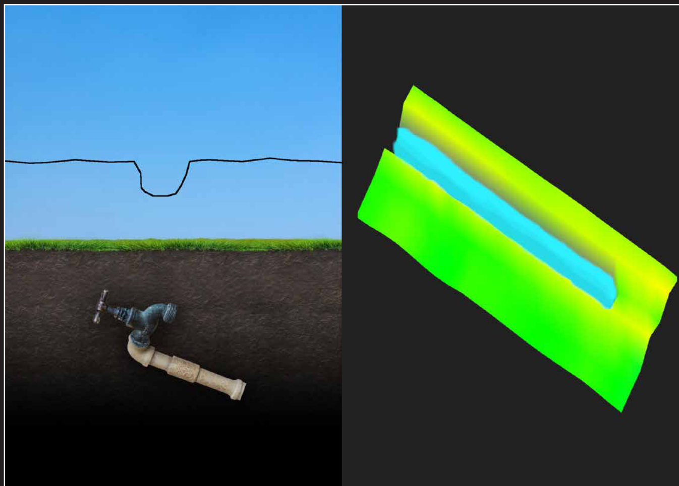 3D scan of a buried plastic pipeline — a blue straight line, next to a 2D signal line showing a small negative dip