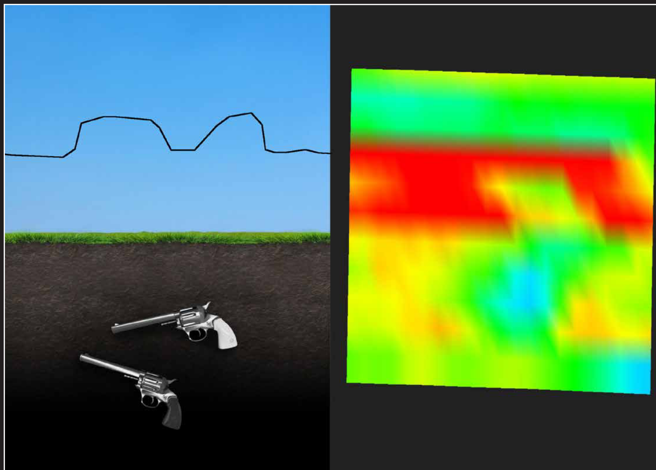 3D scan of a buried WW2 rifle — an elongated red signal, next to a 2D signal line showing two peaks