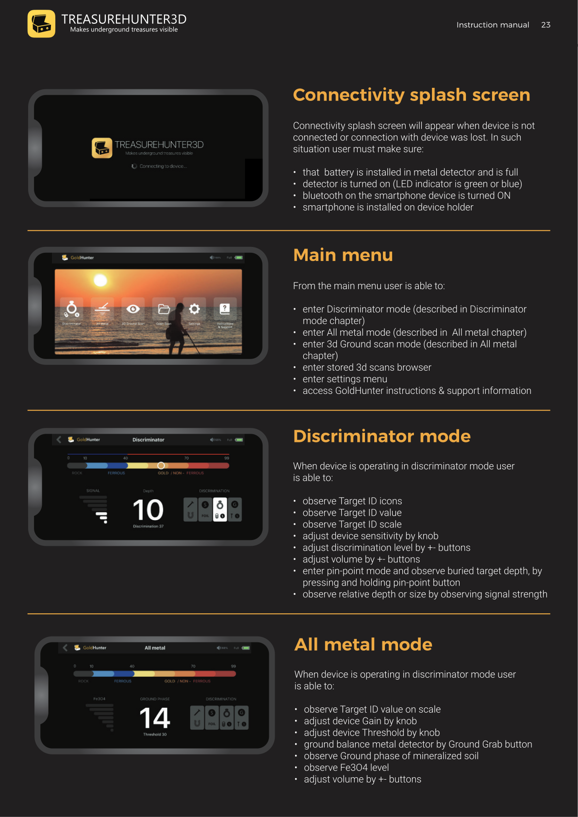 Pantalla de conectividad de la app GoldHunter, menú principal y pantallas de modo de operación