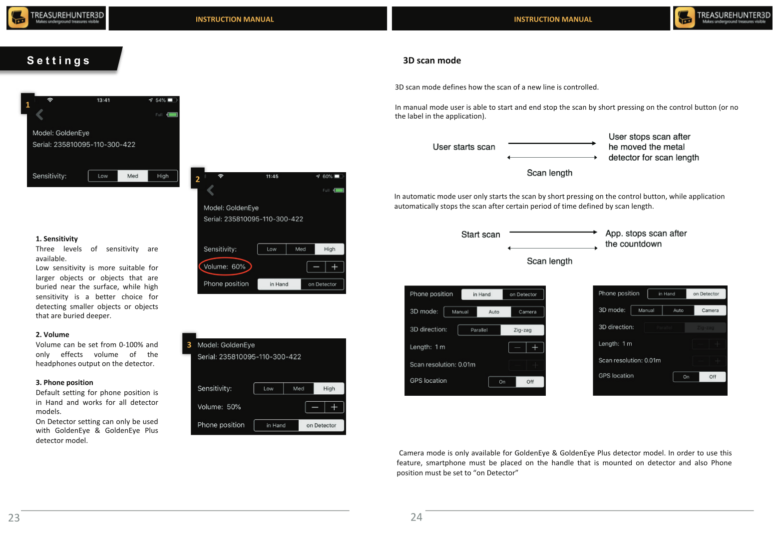 App settings screen na nagpapakita ng sensitivity, scan mode, direksyon at opsyon ng haba