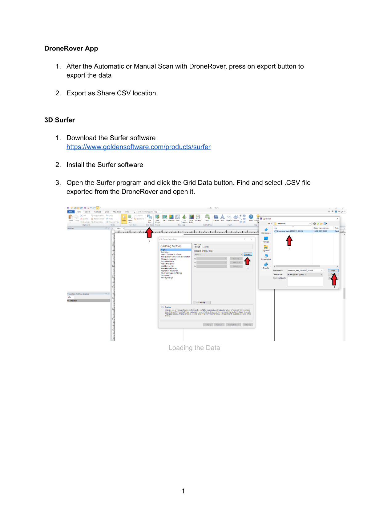 Loading the DroneRover CSV export into Golden Software Surfer — Grid Data dialog